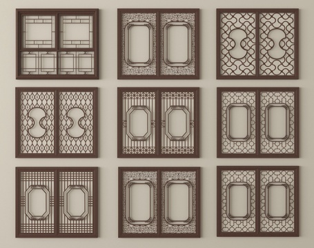 新中式镂花窗 雕花窗户 花格木窗 镂空窗su模型