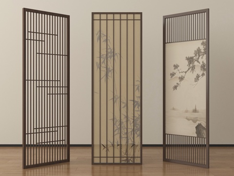 新中式屏风隔断 木屏风 格栅屏风su模型