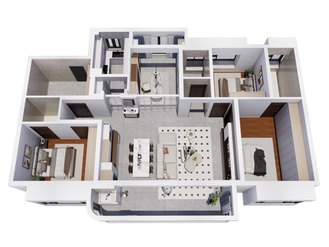 现代简约家装鸟瞰 简约室内家装空间 鸟瞰图 现代家装样板房su模型