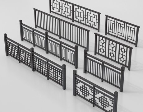 新中式栏杆护栏 栅栏围栏 实木围栏护栏su模型