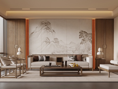 新中式客厅 沙发背景墙 沙发茶几组合su模型