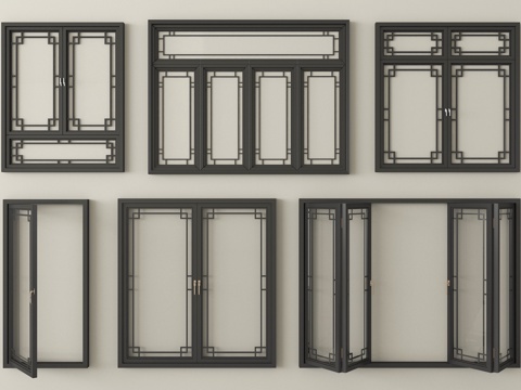 中式窗户 平开窗 落地窗 阳台窗 折叠窗su模型