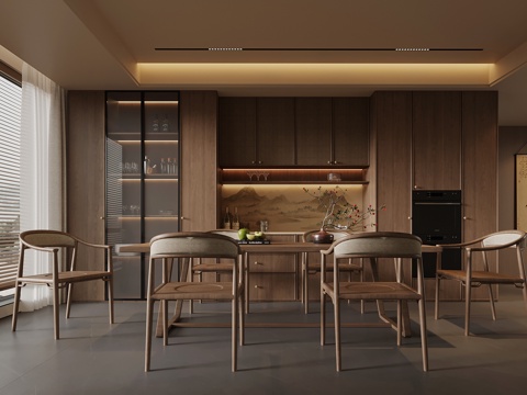 新中式餐厅 餐桌椅 餐边柜 酒柜su模型