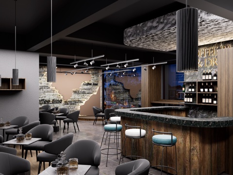 工业风咖啡厅 咖啡厅收银台 工业风酒吧 工业艺术墙su模型