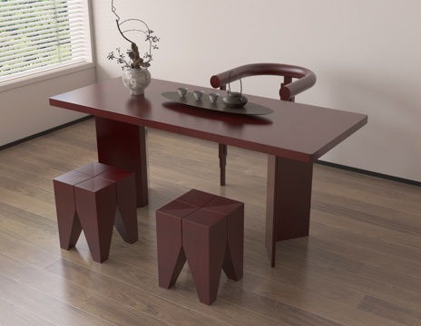 侘寂风茶桌椅组合 茶具su模型