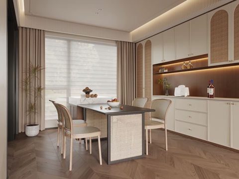  法式奶油风餐厅 酒柜 餐边柜 餐桌岛台3d模型 