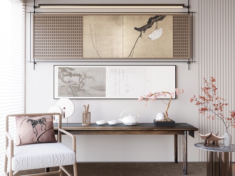 新中式禅意挂画 山水画 花鸟国画 书房挂画 办公室挂画 办公su模型