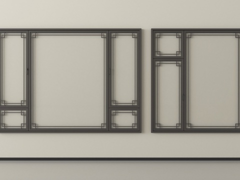 中式窗户 平开窗 落地窗 阳台窗su模型