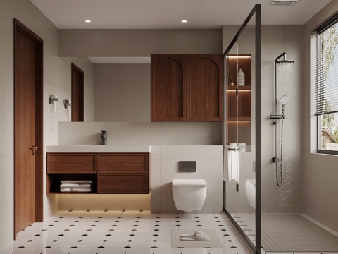 中古风卫生间 浴室柜 淋浴 卫浴用品su模型