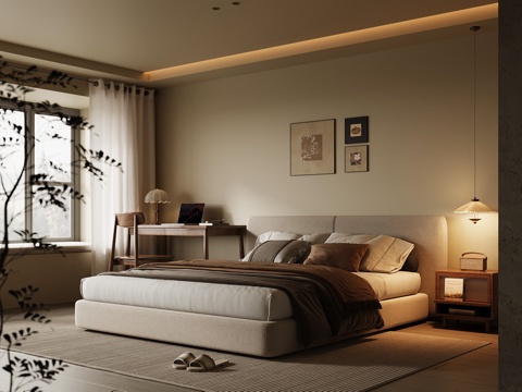 中古风卧室 双人床 书桌椅 床头柜su模型