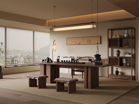 新中式茶室 茶桌椅 茶柜su模型