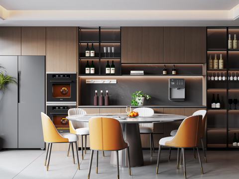 意式现代餐厅 餐桌椅 餐边柜 绿植盆栽su模型