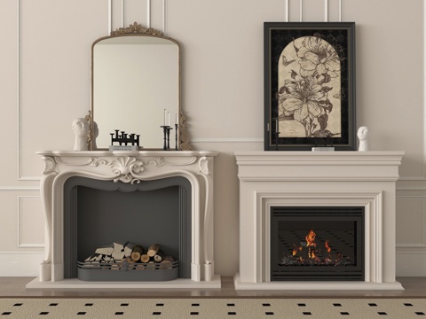 法式壁炉 电子壁炉 柴火堆 火焰 装饰画su模型su模型