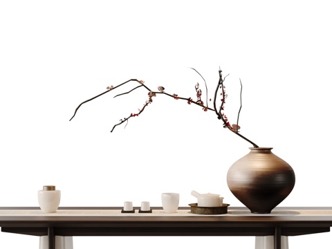 新中式茶具花艺摆件su模型