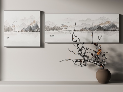 现代新中式挂画 花瓶 画框 办公室挂画 画卷 床头挂画su模型
