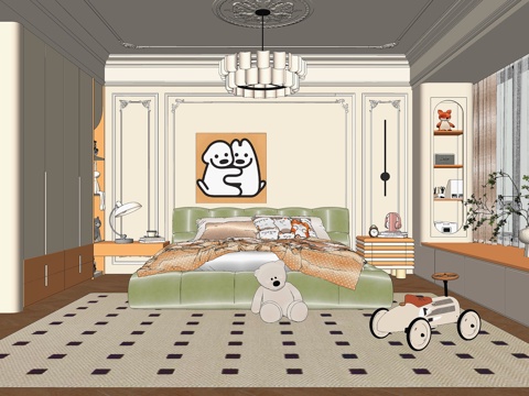 法式儿童床 布艺儿童床 床头柜 卧室吊灯 儿童房衣柜 儿童玩su模型