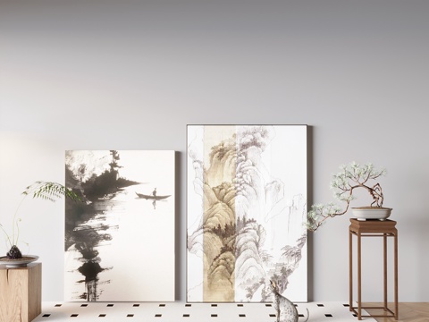 新中式禅意挂画 山水画 花鸟国画 书房挂画 办公室挂画 办公su模型