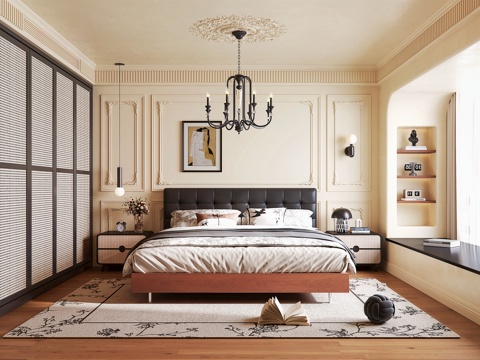 法式中古风卧室 床头柜 中古风双人床 法式吊灯 卧室摆件su模型