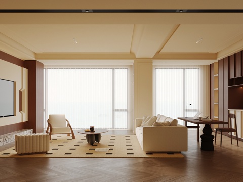 中古风客厅 沙发茶几组合 书桌椅 书柜 电视背景墙su模型