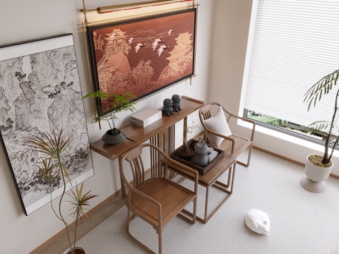 新中式禅意挂画 山水画 花鸟国画 书房挂画 办公室挂画 办公su模型