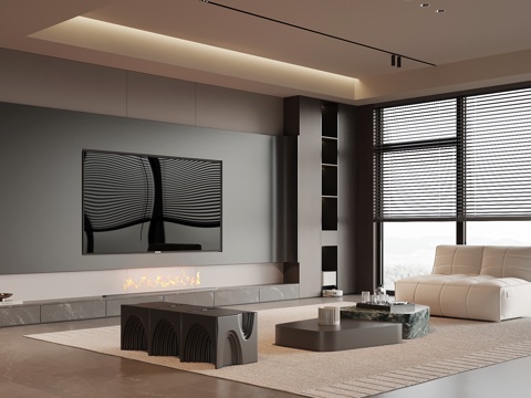 意式客厅 沙发茶几组合 电视背景墙su模型