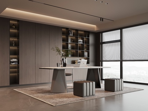 意式书房 书桌椅 书柜su模型