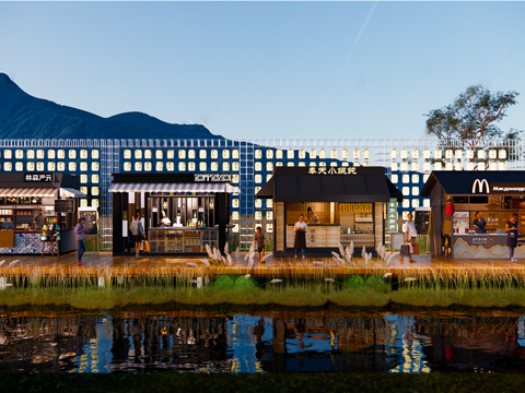 新中式商业摊位 田园外摆 贩卖摊su模型