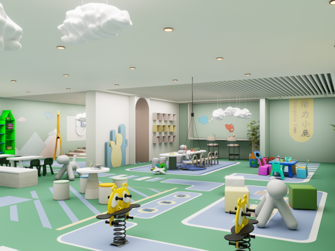 现代室内儿童活动空间 儿童桌椅 儿童休闲区 儿童桌椅su模型