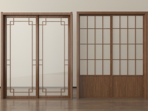 中古风推拉门 格栅门 木材su模型