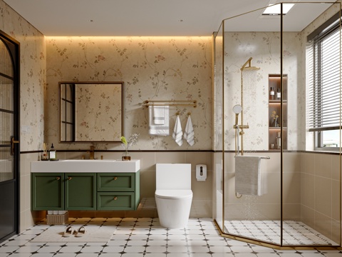  法式复古卫生间 卫浴柜 卫浴小件 卫浴用品 花洒马桶 卫浴镜3d模型 