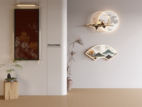 新中式禅意挂画 山水画 花鸟国画 书房挂画 办公室挂画 办公su模型