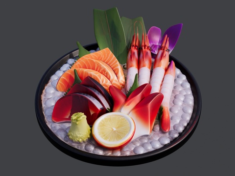 一盘虾和鱼的海鲜拼盘su模型