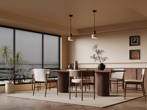 中古风餐厅 餐桌椅 背景墙su模型