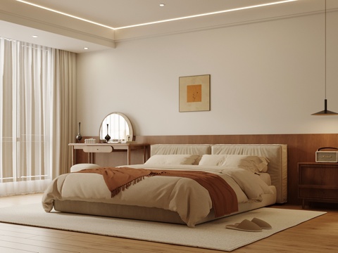 中古风卧室 双人床 梳妆台su模型