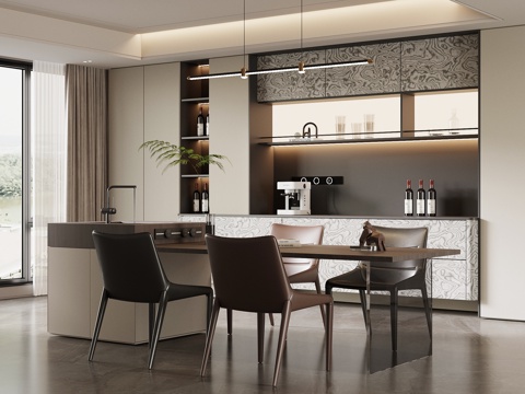 现代餐厅 酒柜 餐桌椅su模型