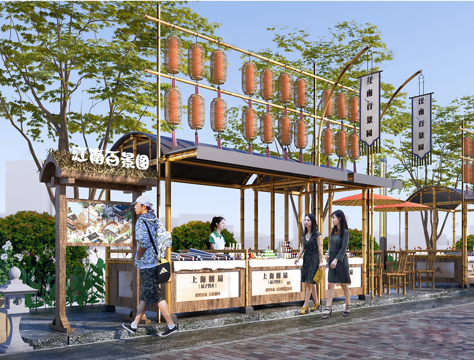 中式摊位 市集 移动摊位 售卖亭su模型