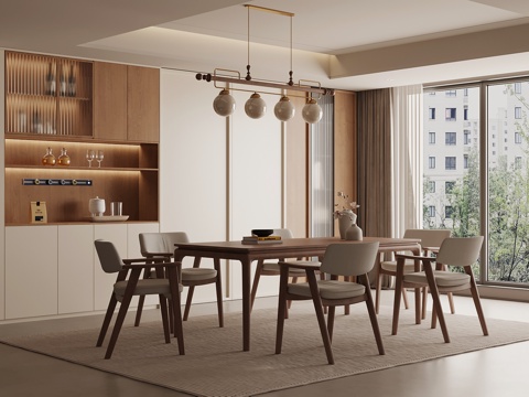 中古风餐厅 餐桌椅 酒柜su模型