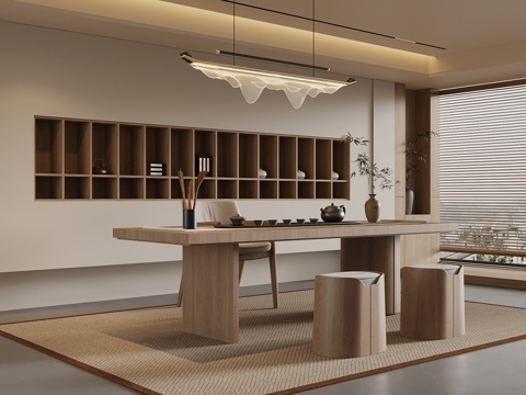 新中式茶室 茶桌椅 茶柜 背景墙su模型