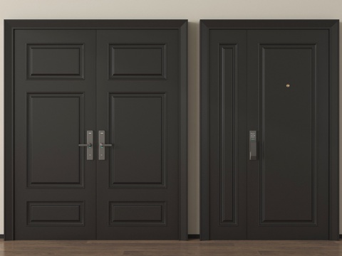 新中式对开门 防盗门 入户门 子母门 指纹锁门su模型