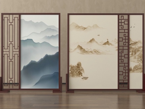 新中式屏风隔断su模型