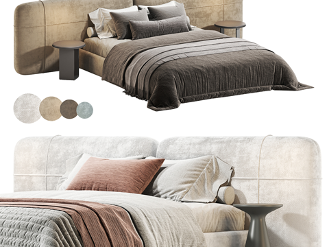  现代奶油风 Unit 布艺双人床3d模型 