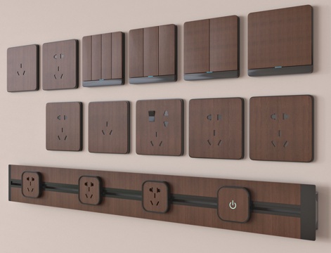 现代原木复古开关插座组合 轨道插座su模型