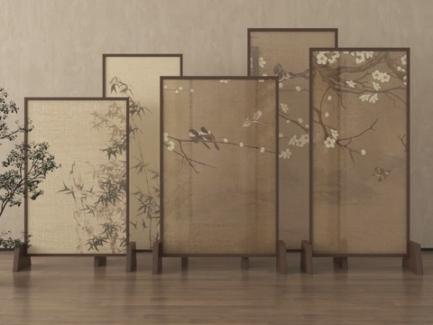 新中式屏风隔断 木屏风su模型