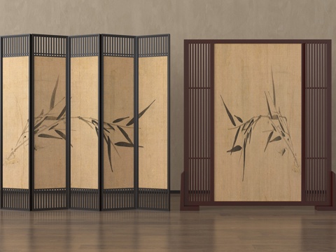 新中式屏风隔断 水墨屏风 可折叠屏风su模型