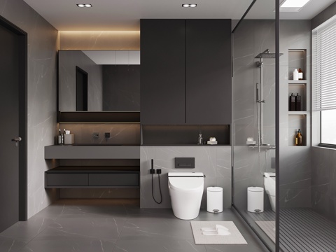 现代意式卫生间 浴室柜 马桶 花洒su模型