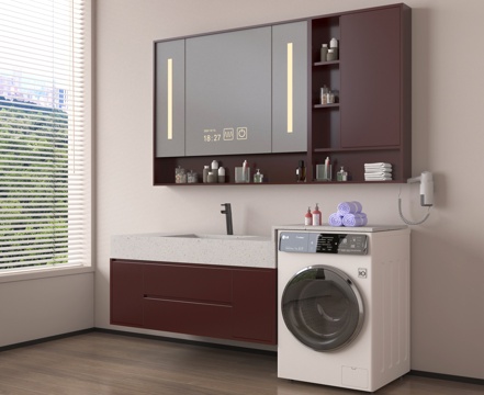 中古风浴室柜 悬空浴室柜 洗衣机柜 镜柜 卫浴小件su模型