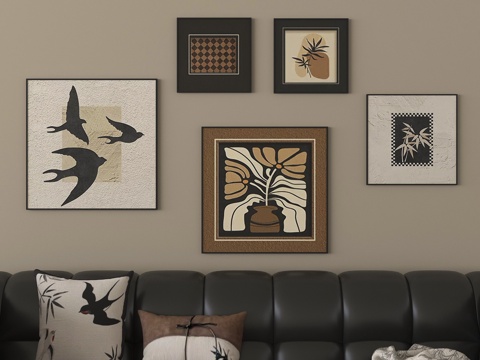 中古挂画组合 装饰画 客厅挂画 玄关挂画su模型