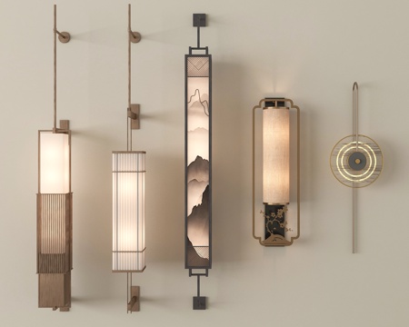 新中式壁灯组合 长条壁灯su模型