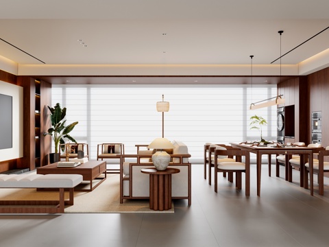 新中式宋式风客餐厅 沙发茶几 餐桌椅 电视背景墙 餐边柜su模型