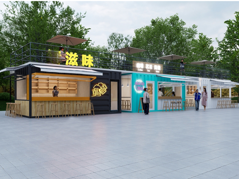 商业摊位 网红摊位 地摊  现代集装箱小酒吧 甜品店su模型
